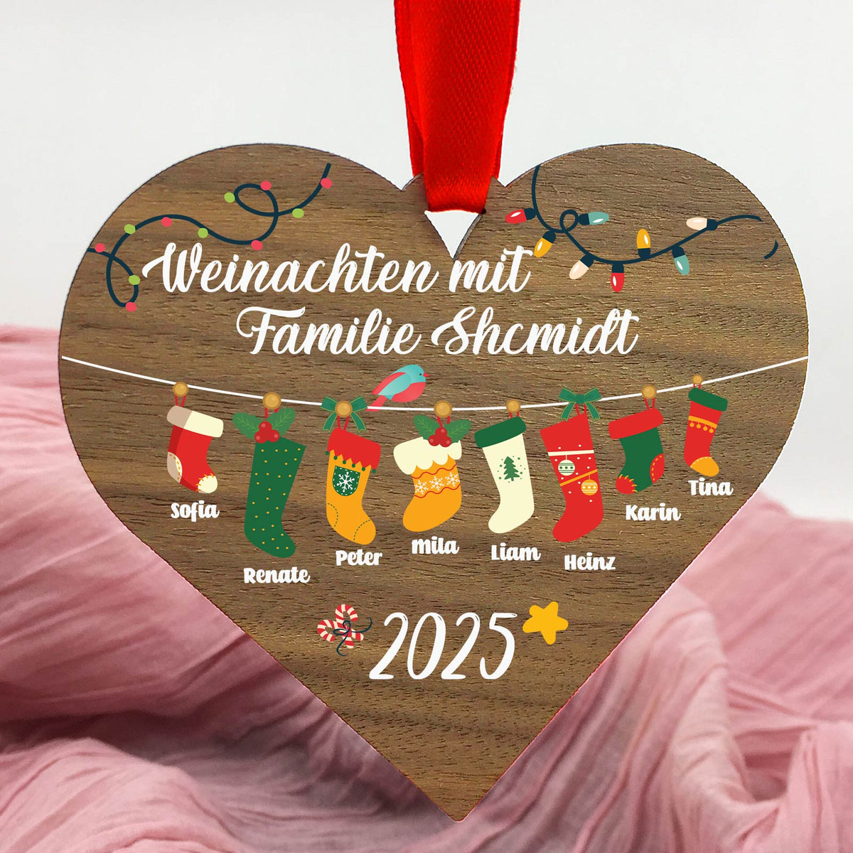 Familien-Weihnachtssocken - Weihnachtsdeko aus Walnussholz