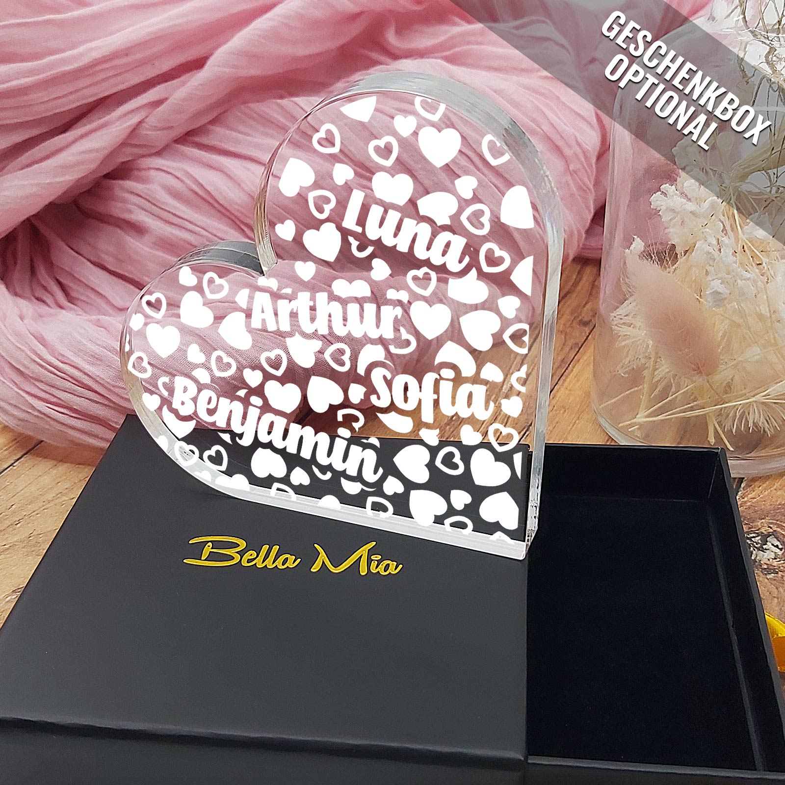 Kinder-Namen – Herz aus Plexiglas