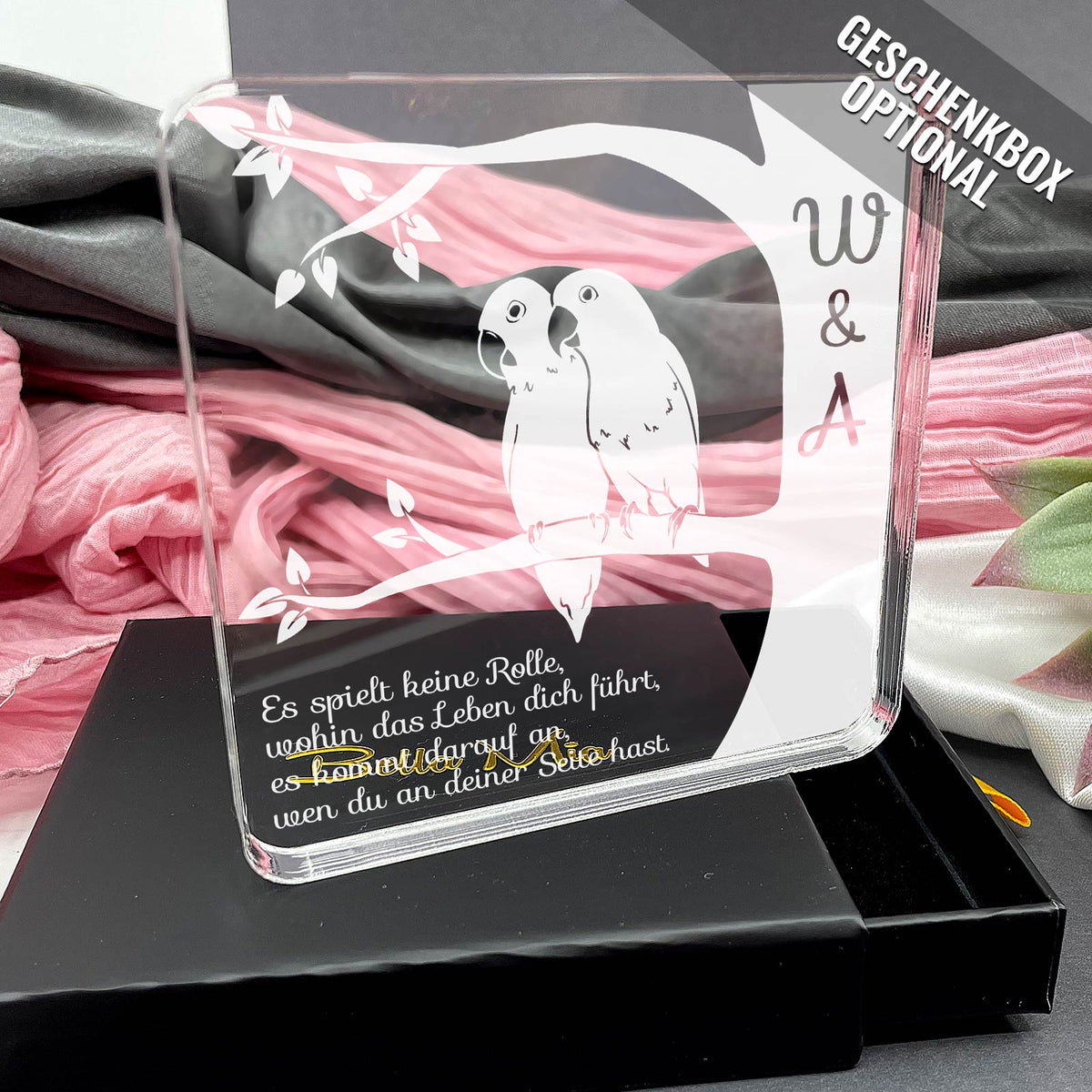 Liebesvögel – Ein Zeichen der Liebe- Plexiglas-Plakette