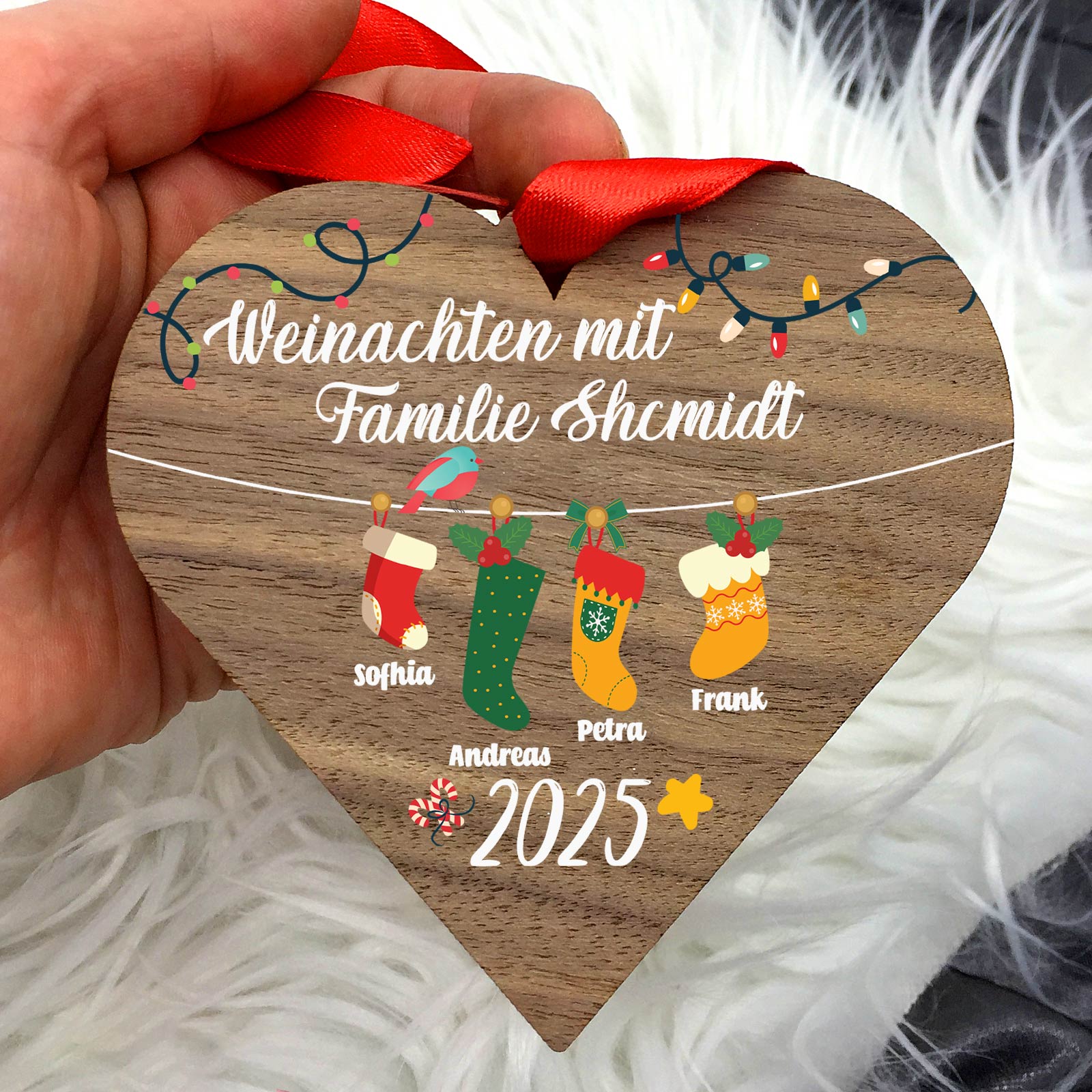 Familien-Weihnachtssocken - Weihnachtsdeko aus Walnussholz