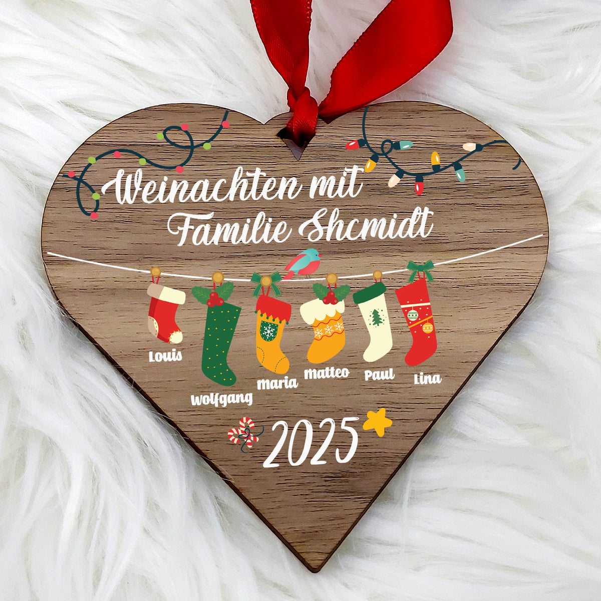 Familien-Weihnachtssocken - Weihnachtsdeko aus Walnussholz