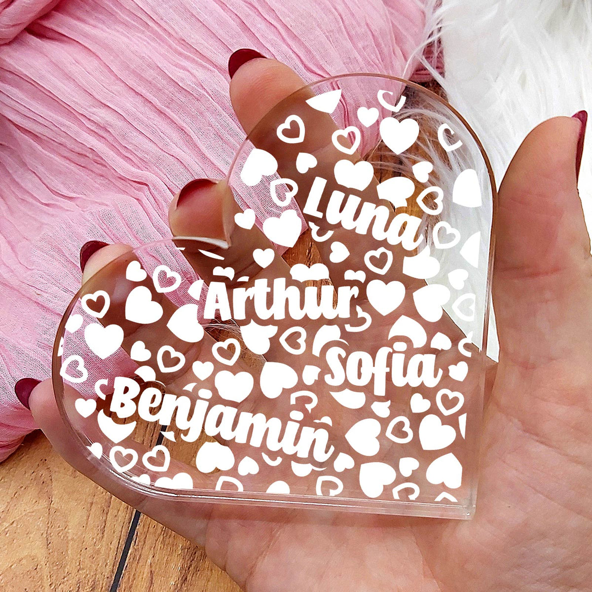 Kinder-Namen – Herz aus Plexiglas