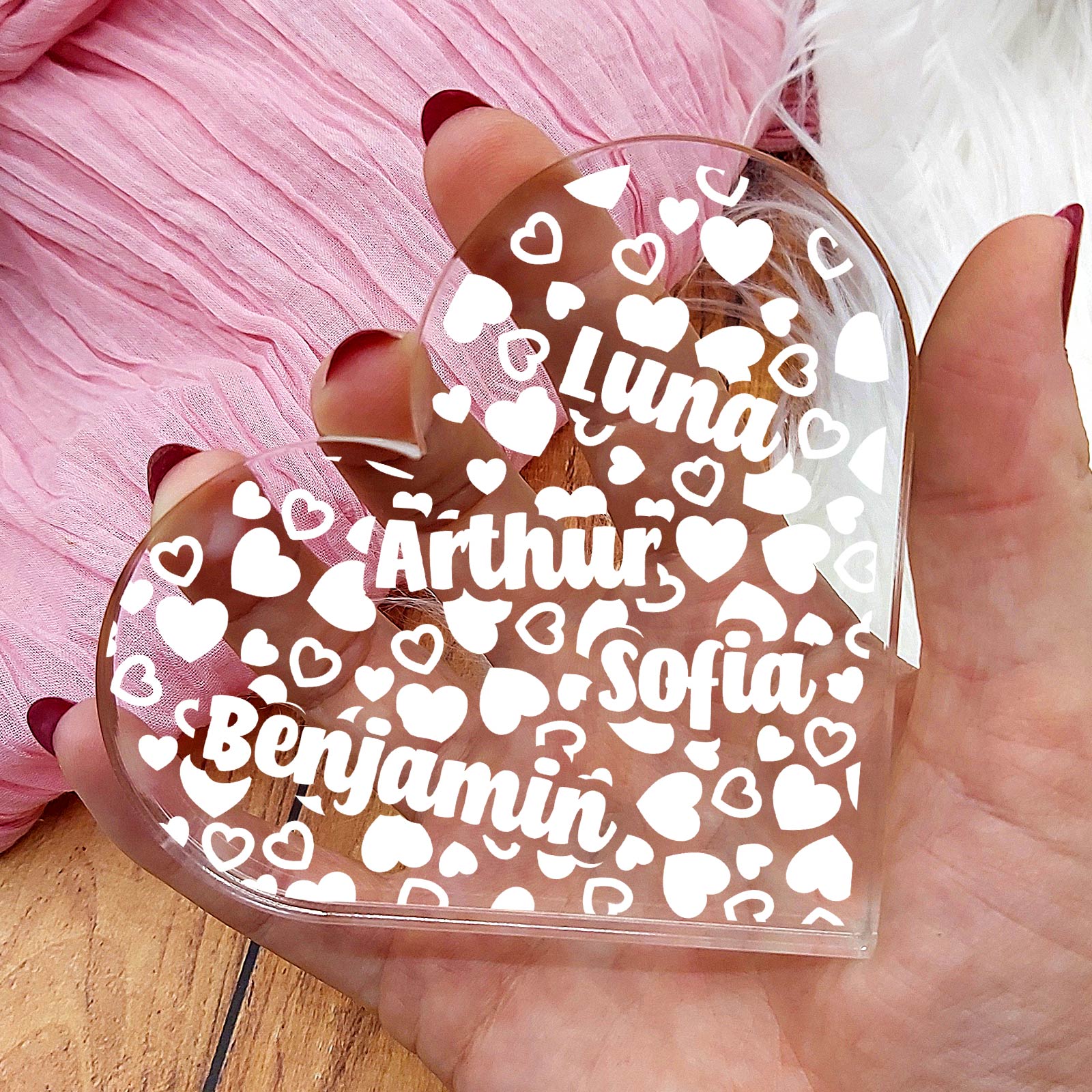 Kinder-Namen – Herz aus Plexiglas